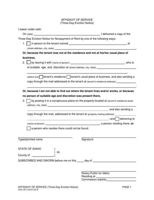 Form CAO UD2 Affidavit of Service (Three-Day Eviction Notice) - Idaho