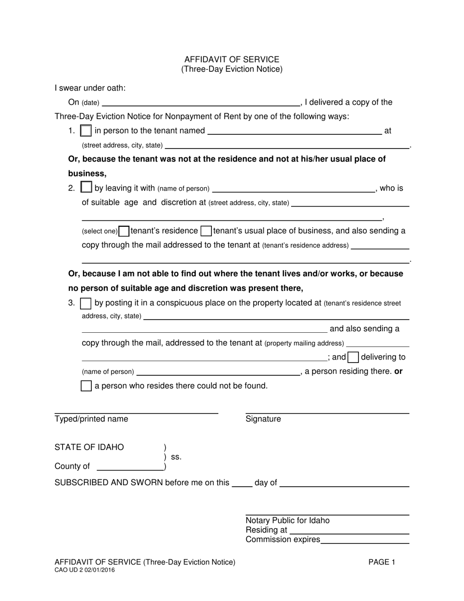 Form CAO UD2 Affidavit of Service (Three-Day Eviction Notice) - Idaho, Page 1
