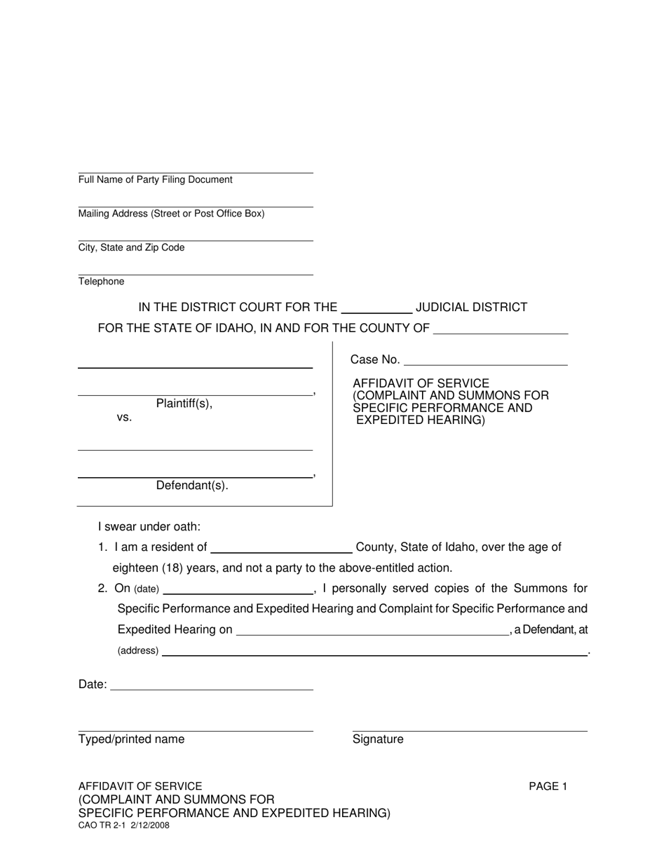 Form CAO TR2-1 Affidavit of Service (Complaint and Summons for Specific Performance and Expedited Hearing) - Idaho, Page 1