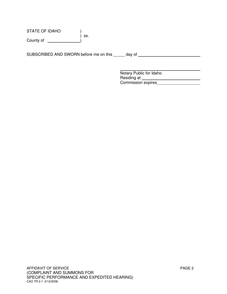 Form CAO TR2-1 Affidavit of Service (Complaint and Summons for Specific Performance and Expedited Hearing) - Idaho, Page 2