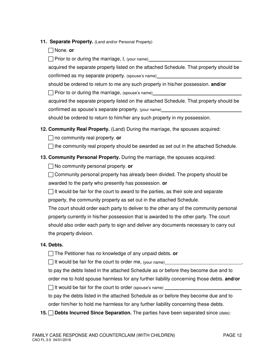 Form CAO FL3-5 Family Case Response and Counterclaim (With Children) - Idaho, Page 12