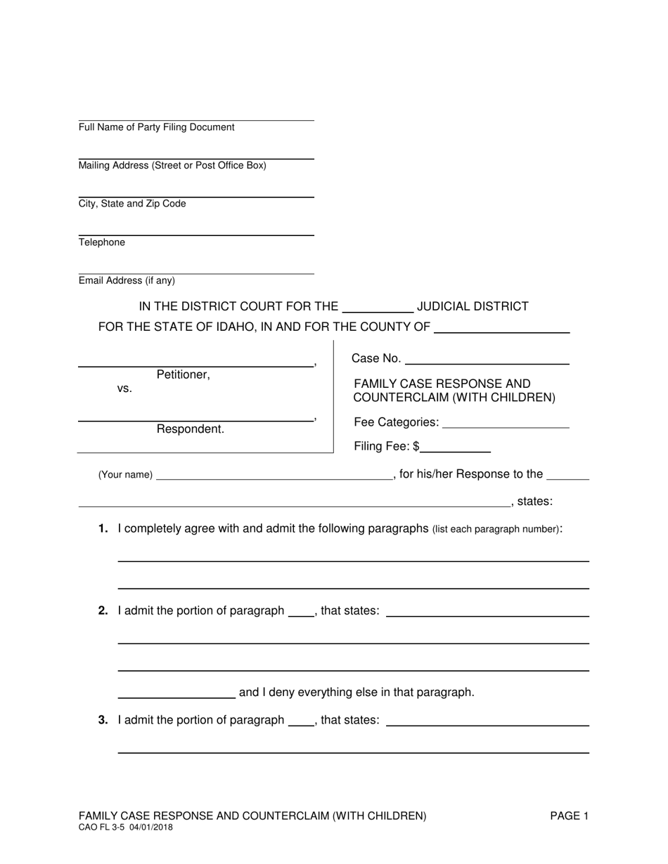 Form CAO FL3-5 Family Case Response and Counterclaim (With Children) - Idaho, Page 1