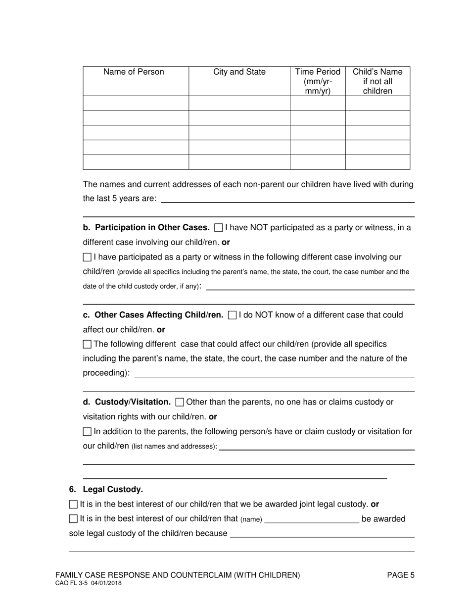 Form CAO FL3-5 Family Case Response and Counterclaim (With Children) - Idaho, Page 5