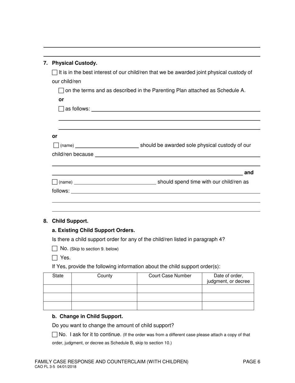 Form CAO FL3-5 Family Case Response and Counterclaim (With Children) - Idaho, Page 6