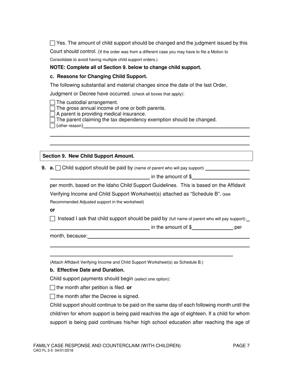 Form CAO FL3-5 Family Case Response and Counterclaim (With Children) - Idaho, Page 7