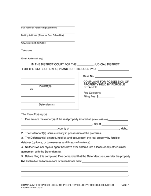 Form CAO FD1-1 Complaint for Possession of Property Held by Forcible Detainer - Idaho