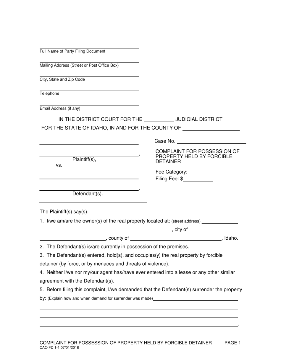 Form CAO FD1-1 Complaint for Possession of Property Held by Forcible Detainer - Idaho, Page 1