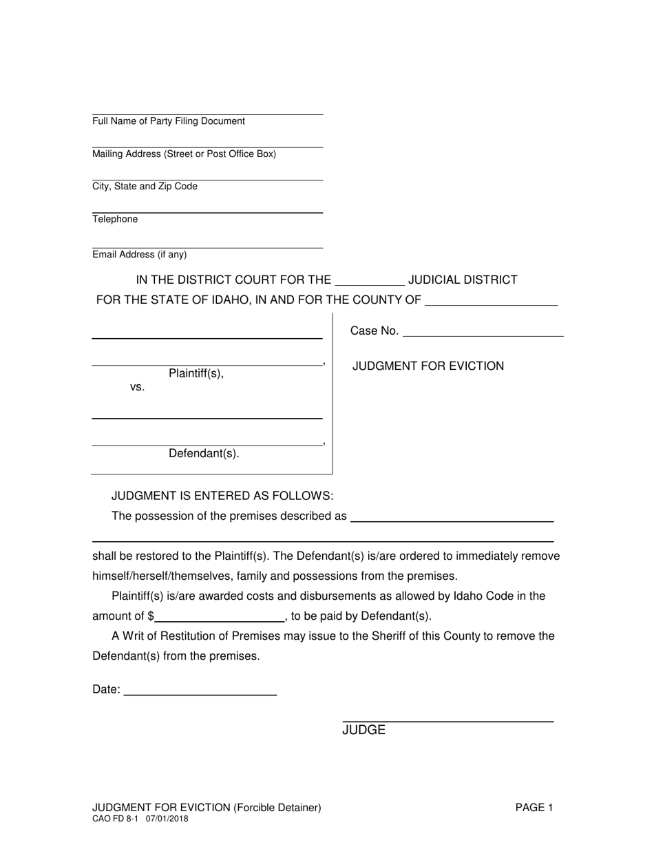 Form CAO FD8-1 Judgement for Eviction - Idaho, Page 1