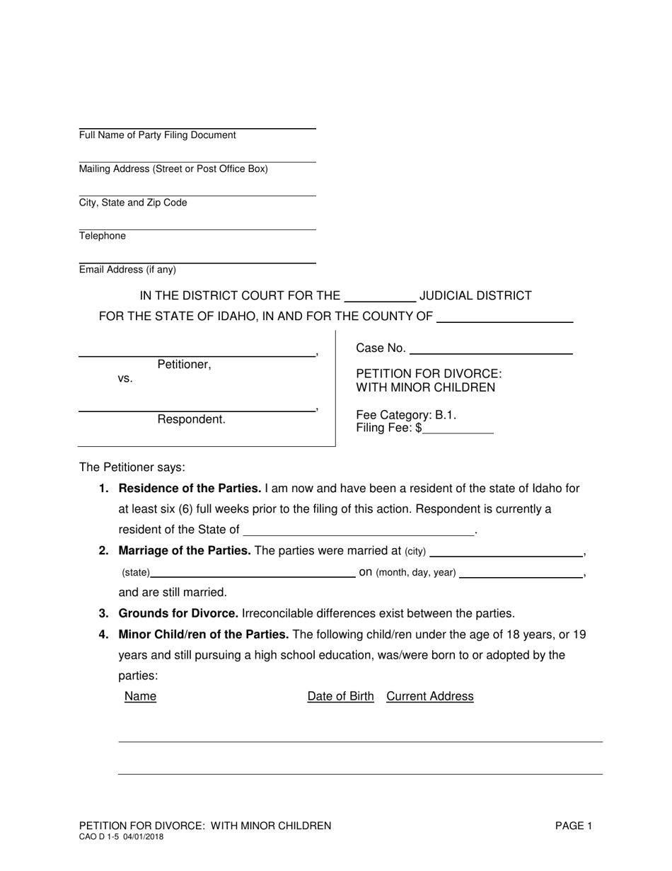 Form CAO D1-5 Petition for Divorce: With Minor Children - Idaho, Page 1