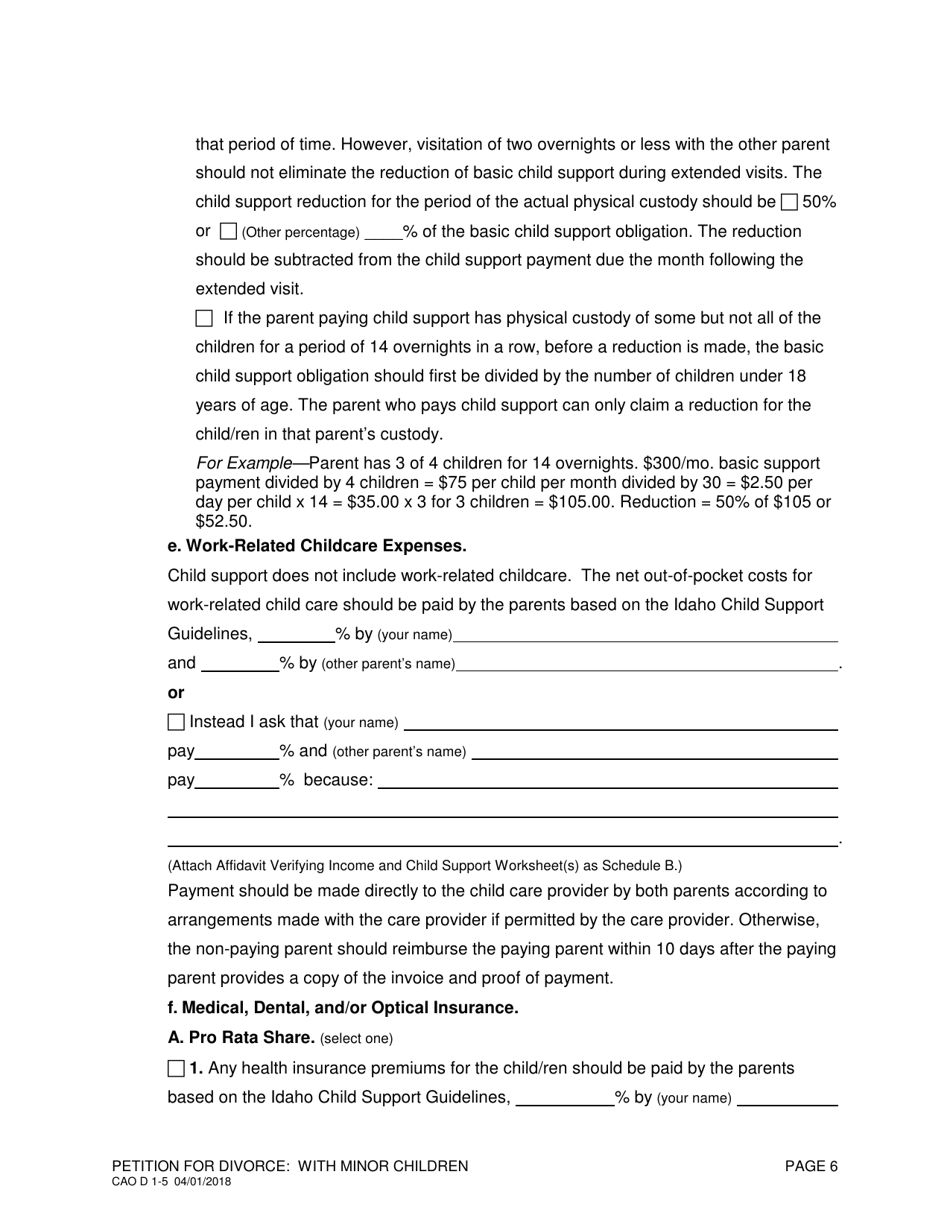 Form CAO D1-5 Petition for Divorce: With Minor Children - Idaho, Page 6