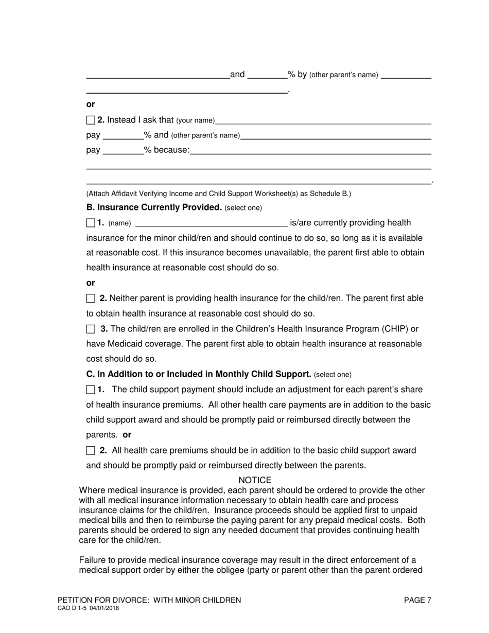 Form CAO D1-5 Petition for Divorce: With Minor Children - Idaho, Page 7
