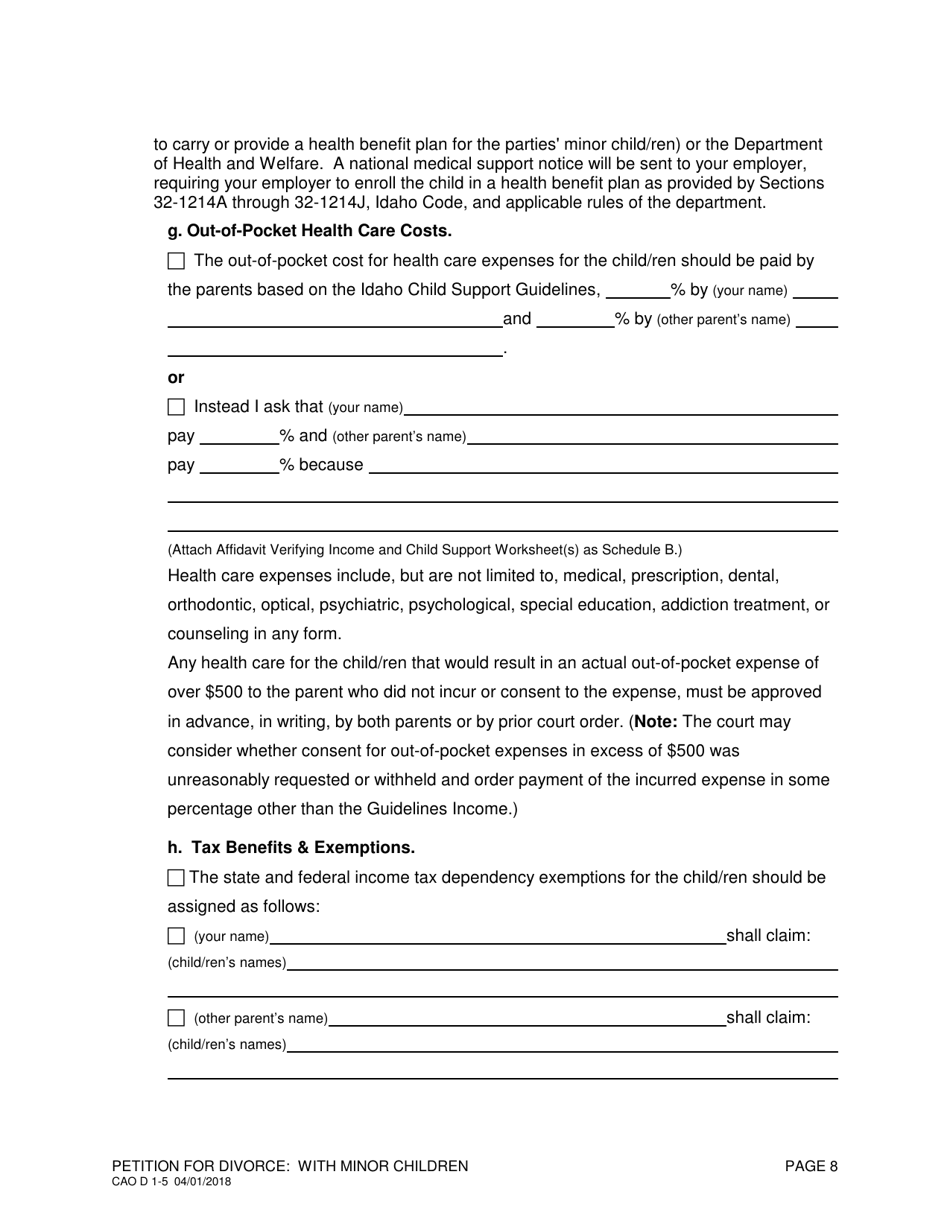 Form CAO D1-5 Petition for Divorce: With Minor Children - Idaho, Page 8