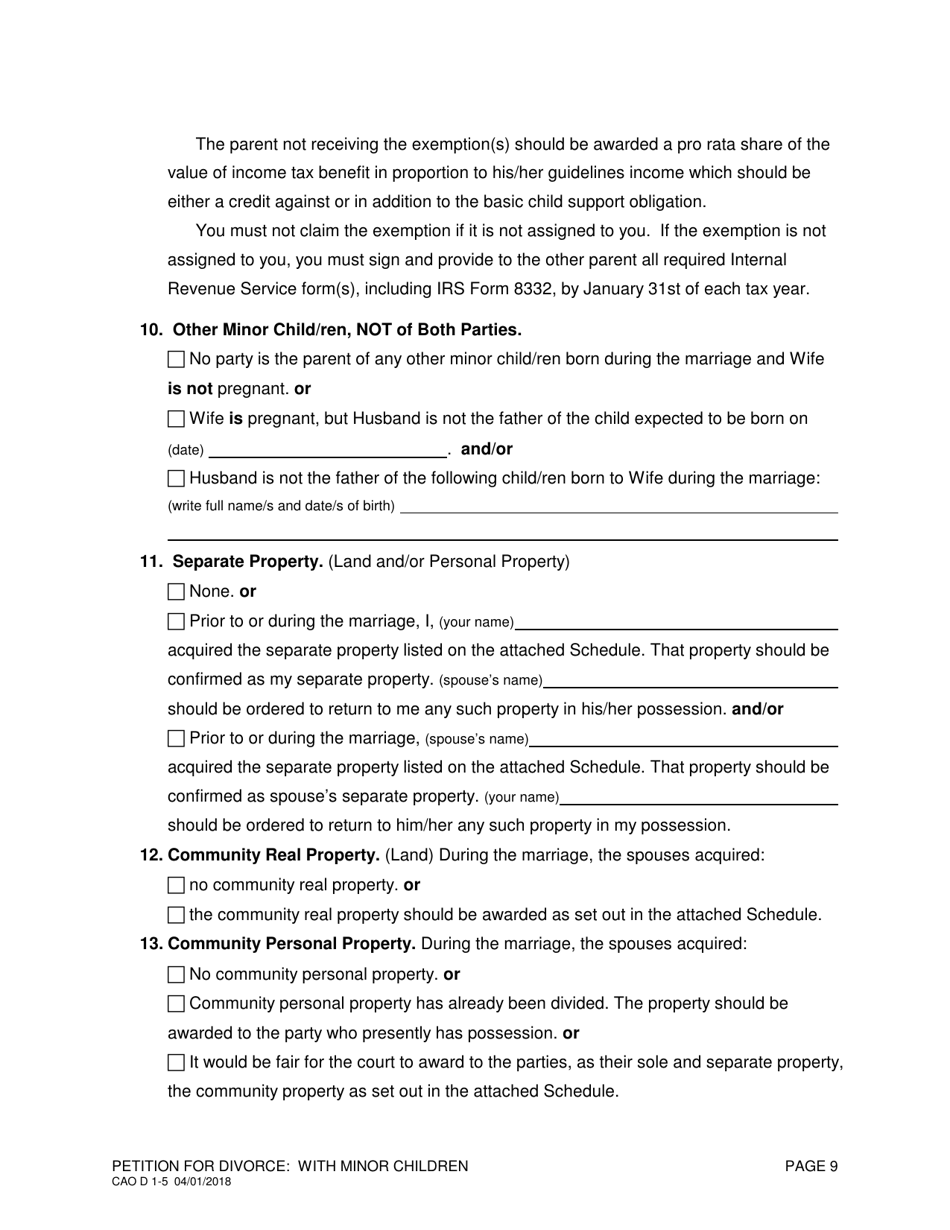 Form CAO D1-5 Petition for Divorce: With Minor Children - Idaho, Page 9