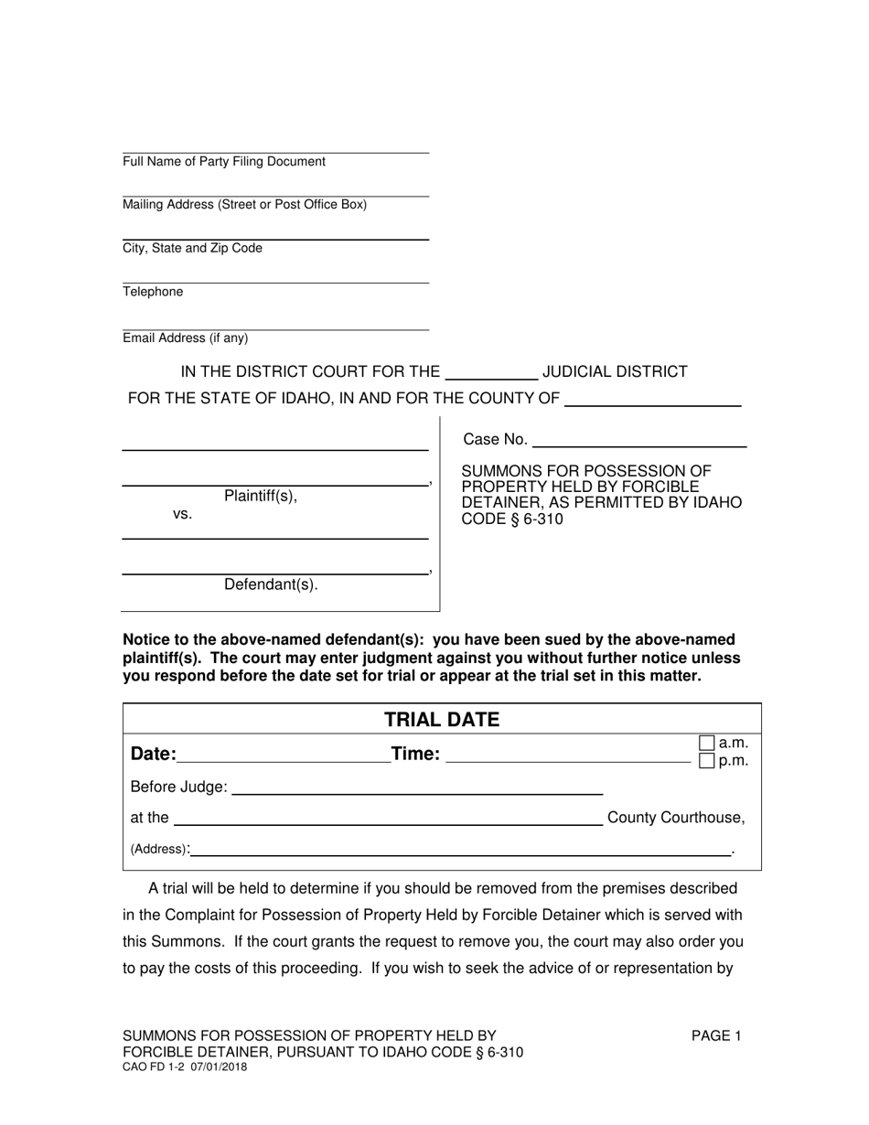 Form CAO FD1-2 Summons for Possession of Property Held by Forcible Detainer - Idaho, Page 1