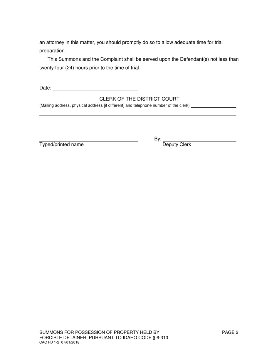 Form CAO FD1-2 Summons for Possession of Property Held by Forcible Detainer - Idaho, Page 2