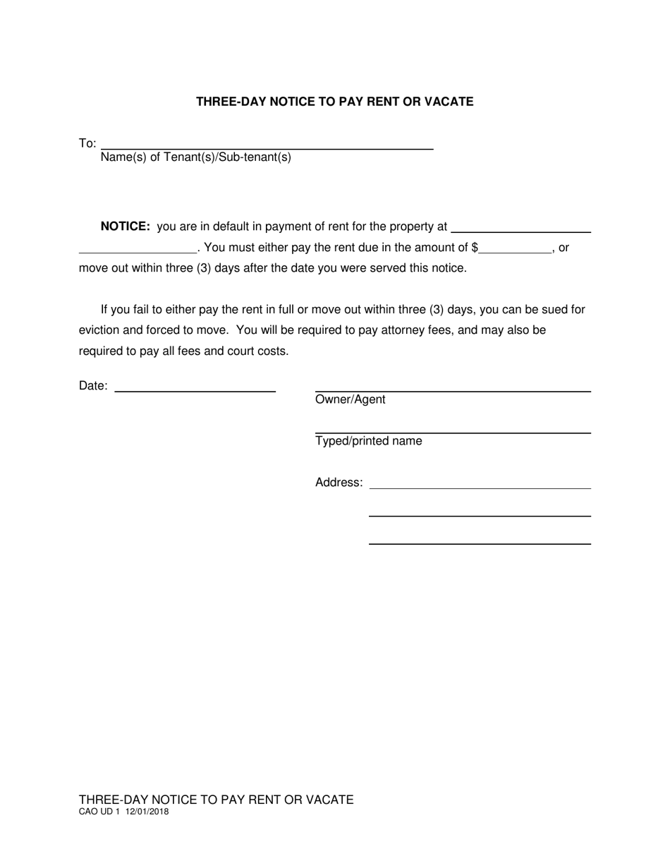 Form CAO UD1 Three Day Notice to Pay Rent or Vacate - Idaho, Page 1