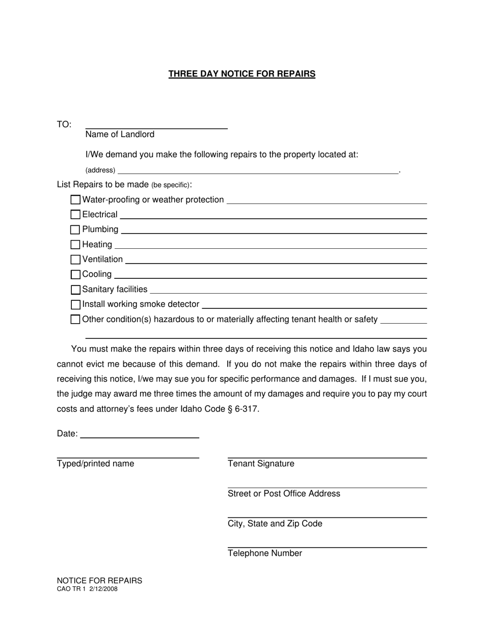 Form CAO TR1 Three Day Notice for Repairs - Idaho, Page 1