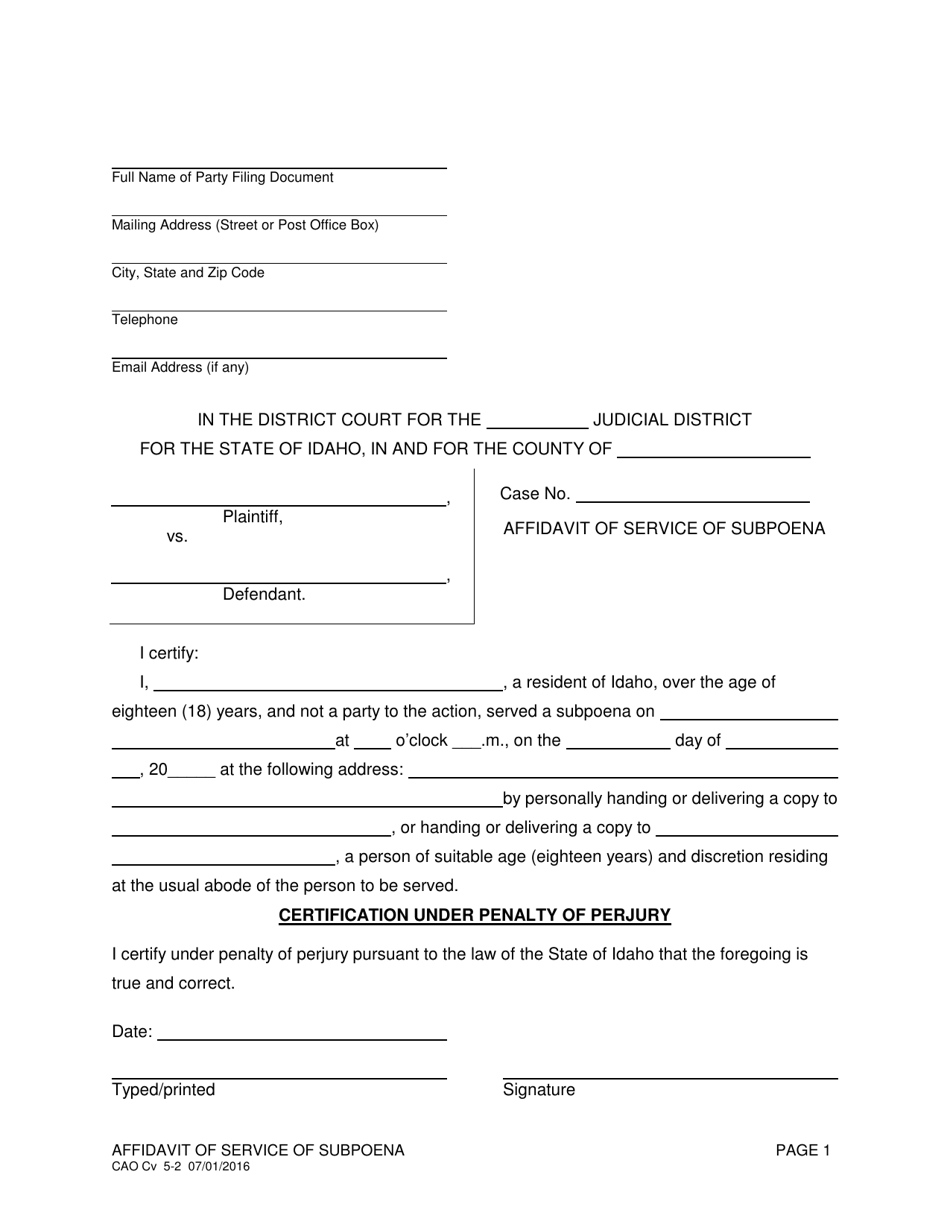 Form CAO Cv5-2 Affidavit of Service of Subpoena - Idaho, Page 1
