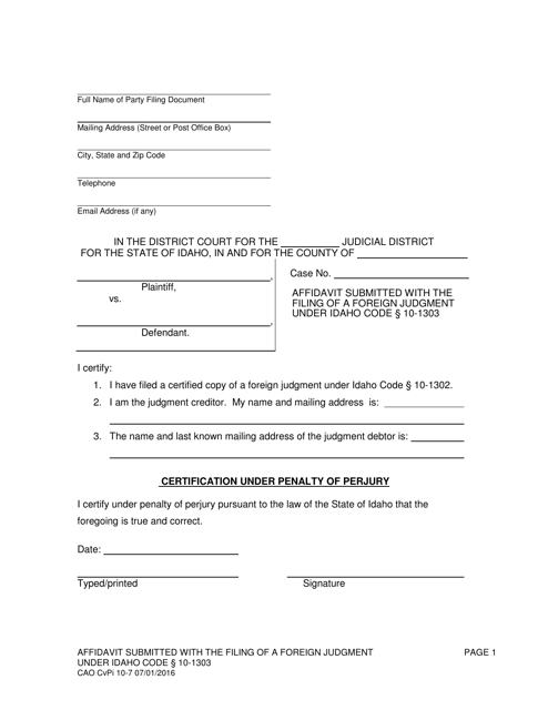 Form CAO CvPi10-7 Affidavit Submitted With the Filing of a Foreign Judgment - Idaho