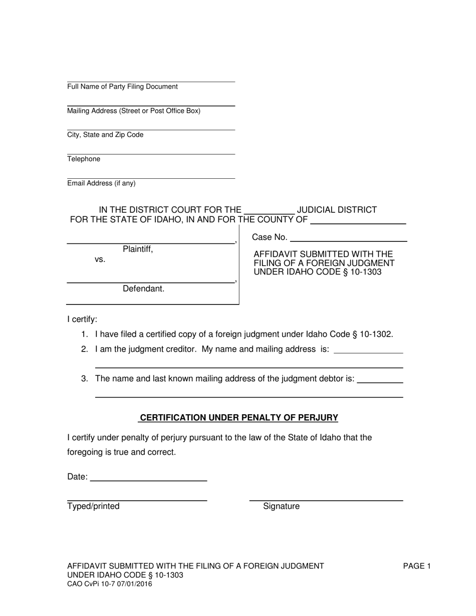 Form CAO CvPi10-7 Affidavit Submitted With the Filing of a Foreign Judgment - Idaho, Page 1