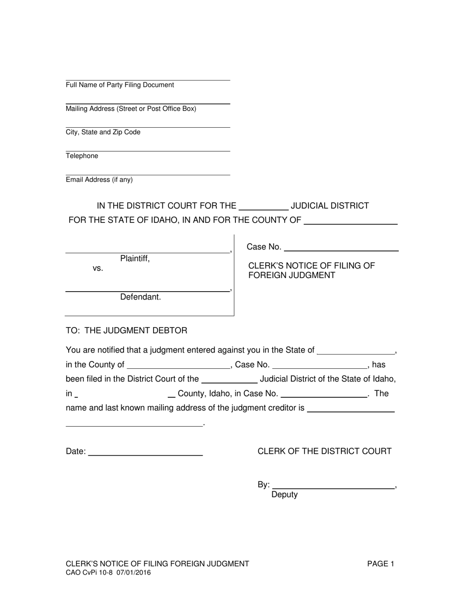 Form CAO CvPi10-8 Clerks Notice of Filing of Foreign Judgment - Idaho, Page 1