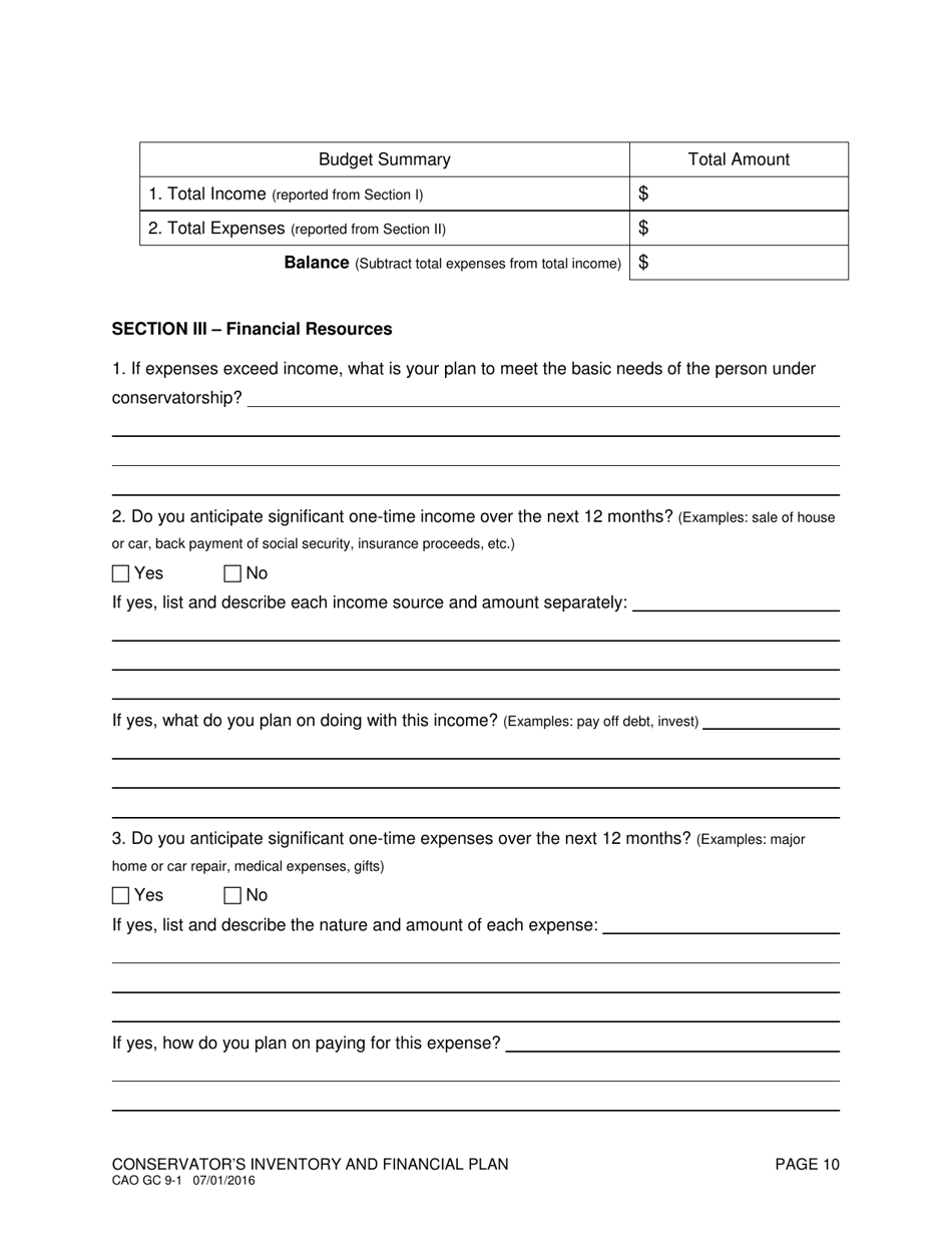 Form CAO GC9-1 Conservators Inventory and Financial Plan - Idaho, Page 10