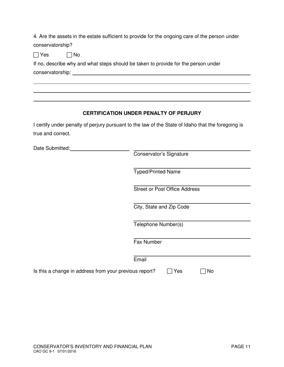 Form CAO GC9-1 Conservators Inventory and Financial Plan - Idaho, Page 11