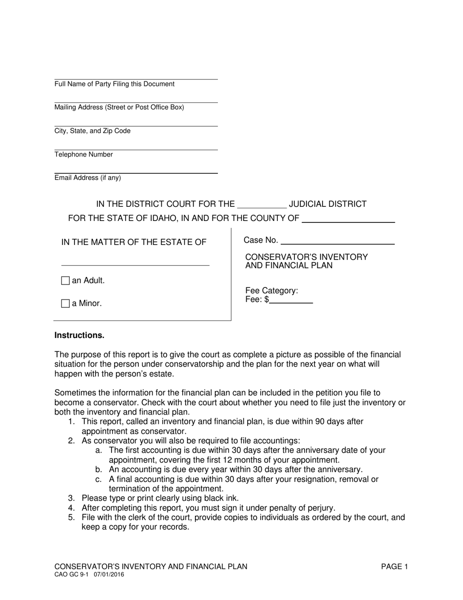 Form CAO GC9-1 Conservator's Inventory and Financial Plan - Idaho, Page 1
