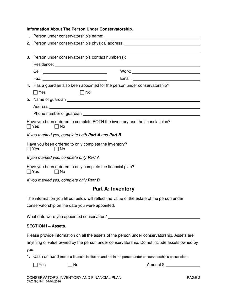 Form CAO GC9-1 Conservators Inventory and Financial Plan - Idaho, Page 2