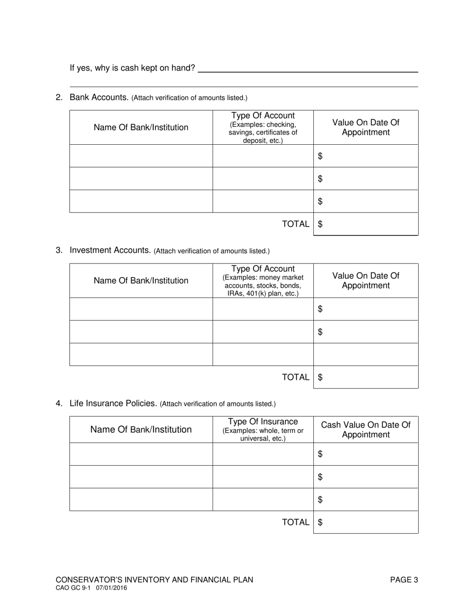 Form CAO GC9-1 Conservators Inventory and Financial Plan - Idaho, Page 3