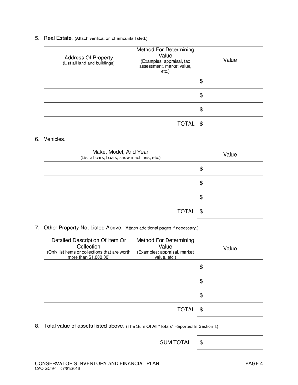 Form CAO GC9-1 Conservators Inventory and Financial Plan - Idaho, Page 4