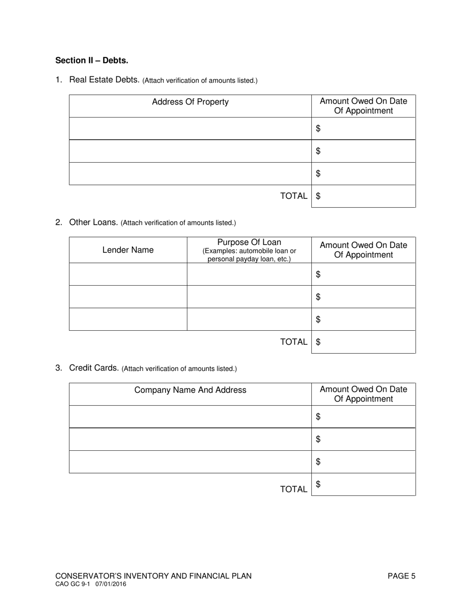 Form CAO GC9-1 Conservators Inventory and Financial Plan - Idaho, Page 5