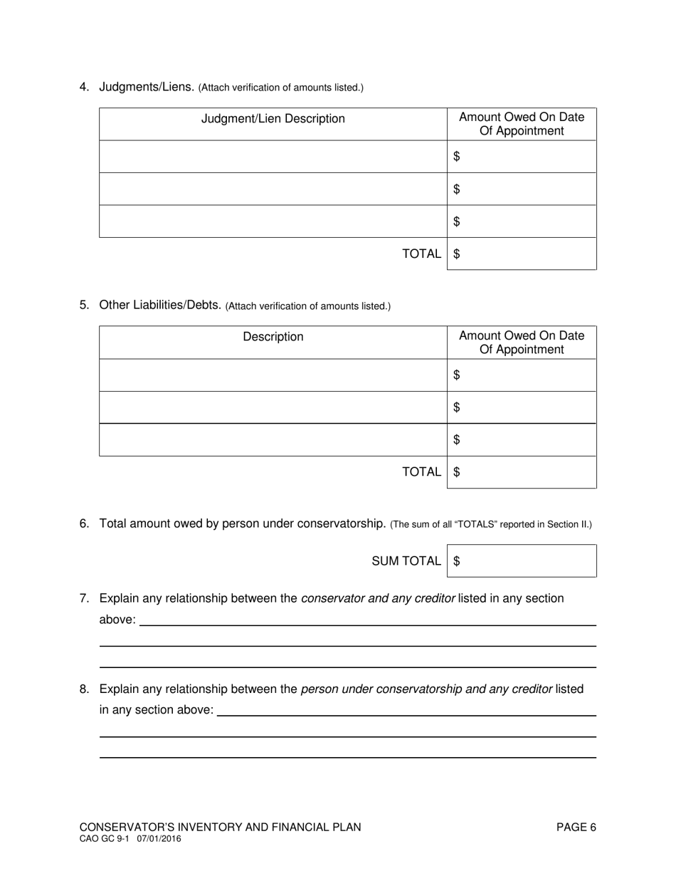 Form CAO GC9-1 Conservators Inventory and Financial Plan - Idaho, Page 6