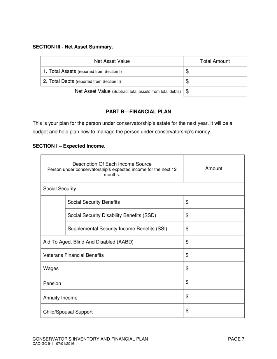 Form CAO GC9-1 Conservators Inventory and Financial Plan - Idaho, Page 7