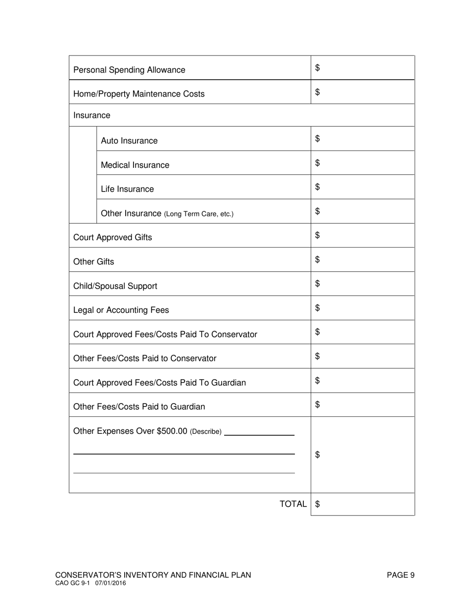 Form CAO GC9-1 Conservators Inventory and Financial Plan - Idaho, Page 9