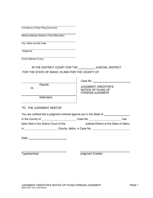 Form CAO CvPi10-9 Judgment Creditor's Notice of Filing of Foreign Judgment - Idaho