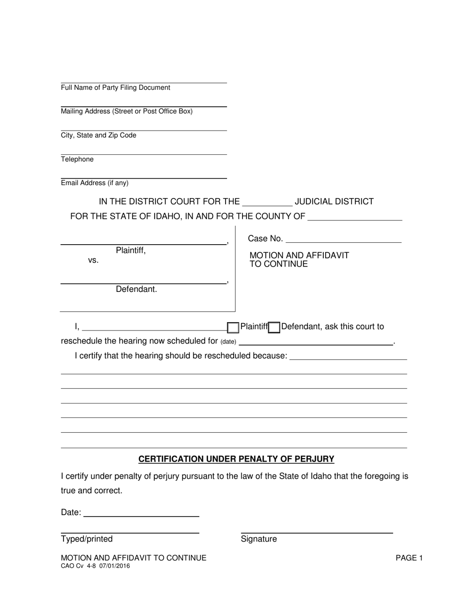 Form CAO Cv4-8 Motion and Affidavit to Continue - Idaho, Page 1