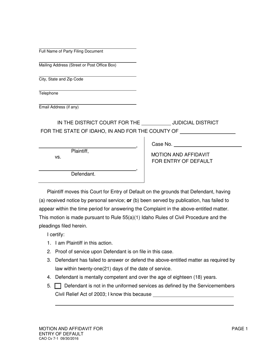 Form CAO Cv7-1 Motion and Affidavit for Entry of Default - Idaho, Page 1