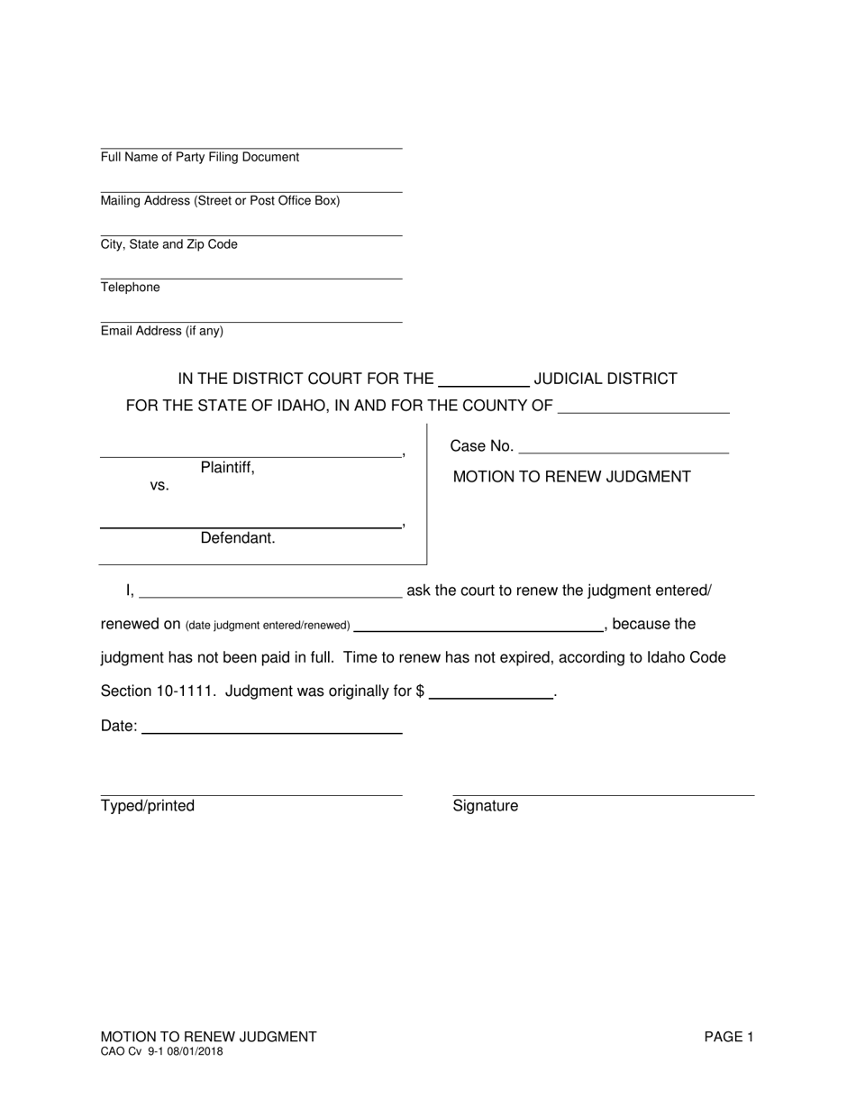 Form CAO Cv9-1 Motion to Renew Judgement - Idaho, Page 1