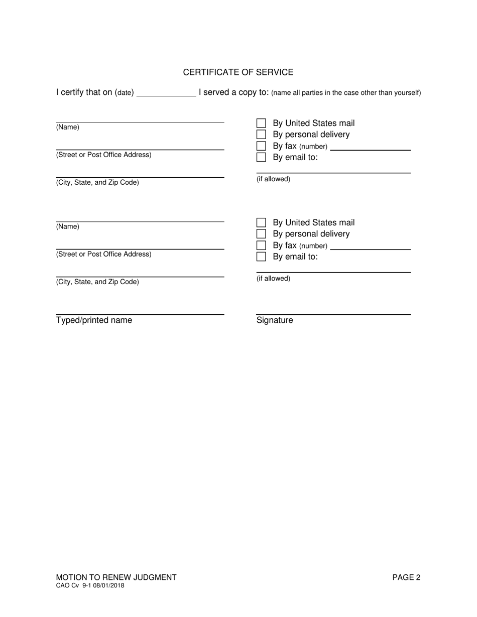 Form CAO Cv9-1 Motion to Renew Judgement - Idaho, Page 2