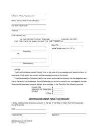 Document preview: Form CAO Cv7-7 Memorandum of Costs - Idaho
