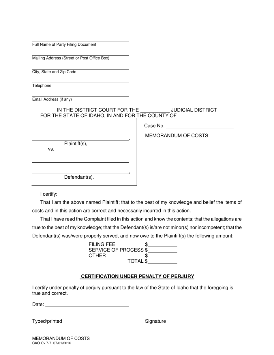 Form CAO Cv7-7 Memorandum of Costs - Idaho, Page 1