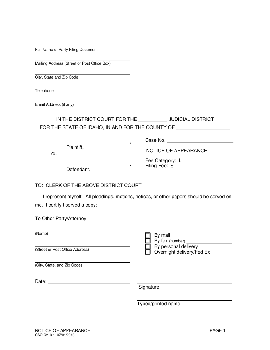 Form CAO Cv3-1 - Fill Out, Sign Online and Download Fillable PDF, Idaho ...