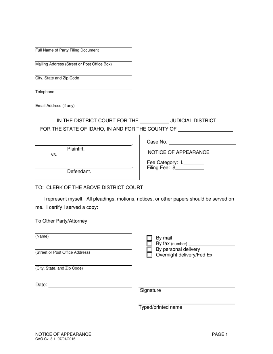 Form CAO Cv3-1 Notice of Appearance - Idaho, Page 1