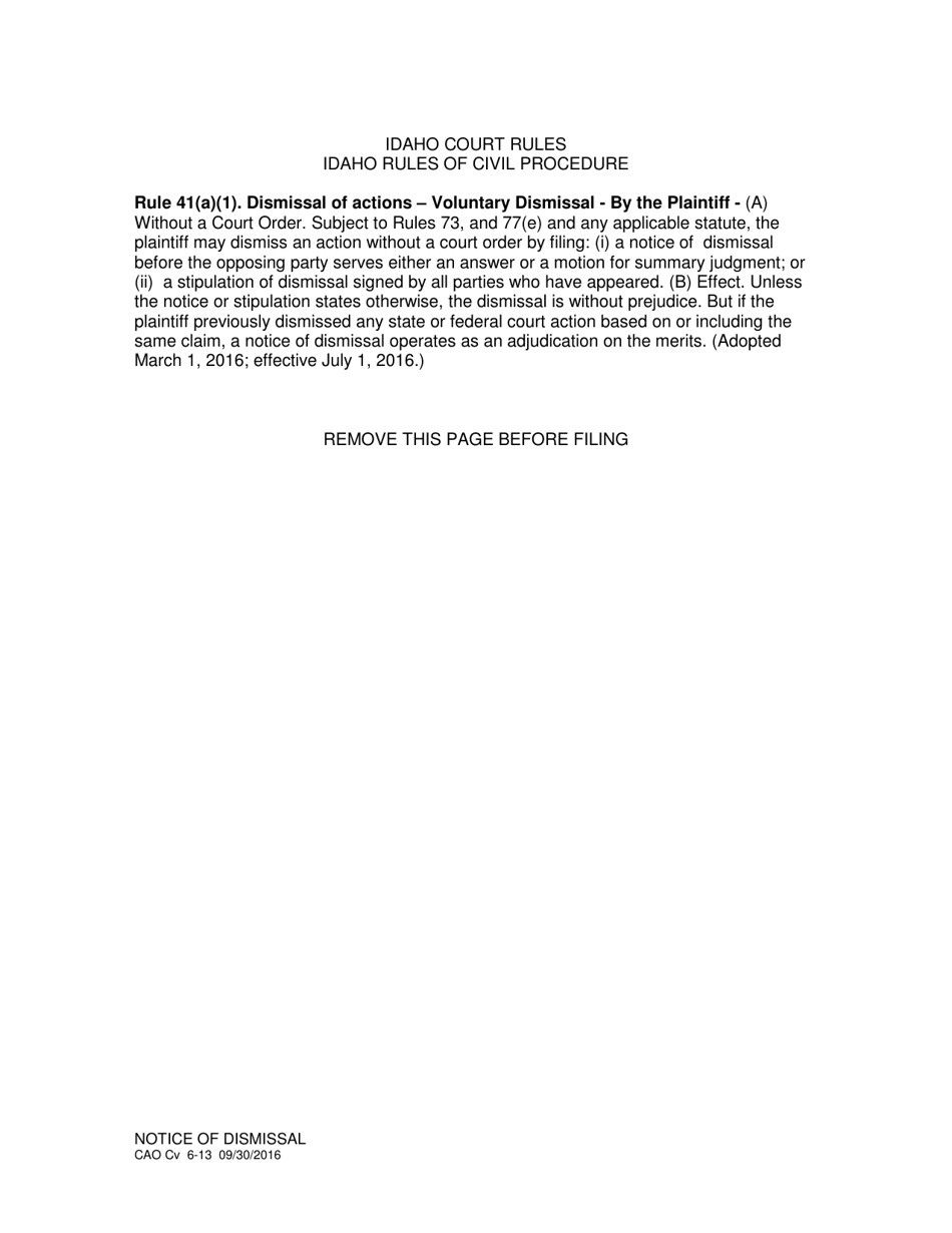 Form CAO Cv6-13 Notice of Dismissal - Idaho, Page 1