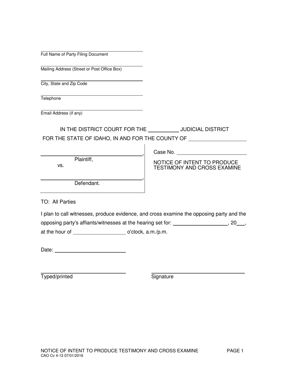 Form CAO Cv4-13 Notice of Intent to Produce Testimony and Cross Examine Witnesses - Idaho, Page 1