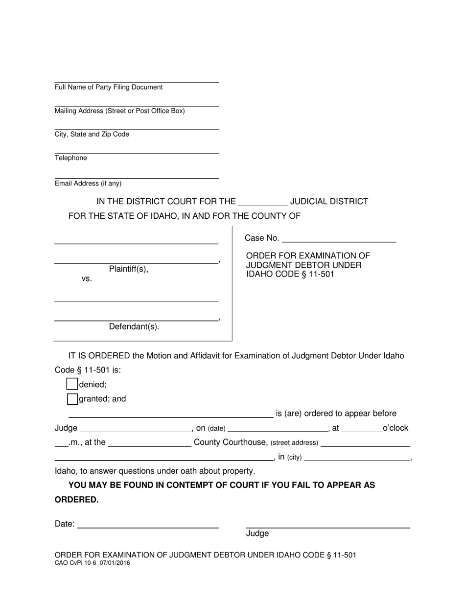 Form CAO CvPi10-6 Order for Examination of Judgment Debtor Under Idaho Code 11-501 - Idaho, Page 1