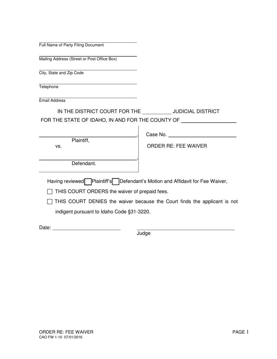 Form CAO FW1-10 Order Re: Fee Waiver - Idaho, Page 1
