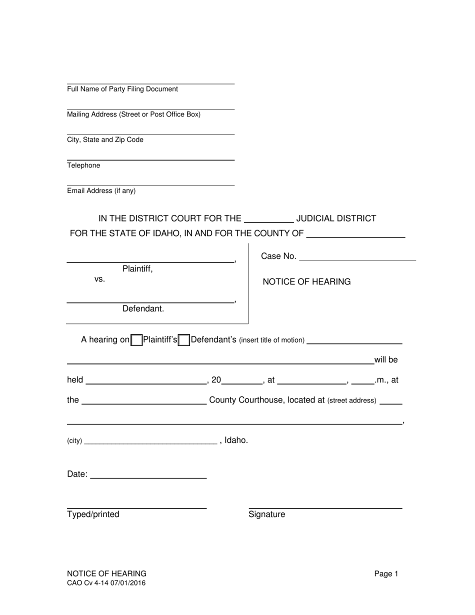 Form CAO Cv4-14 Notice of Hearing - Idaho, Page 1