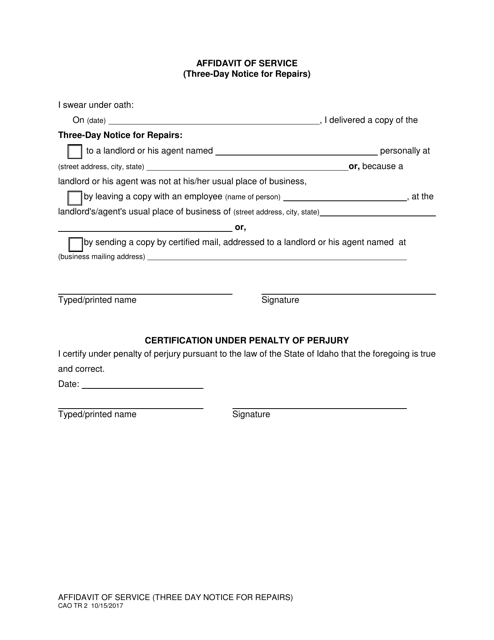 Form CAO TR2 Affidavit of Service (Three-Day Notice for Repairs) - Idaho